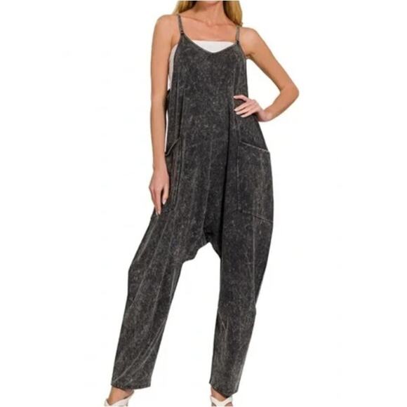 Zenana Womens Size Small/Medium Ash Black Acid Washed Jumpsuit Back Pocket - Picture 2 of 16